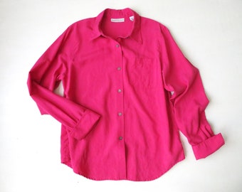 silk blouse fuchsia pink, button up shirt with French cuffs & breast pocket, vintage 90s, women medium, Valerie Stevens