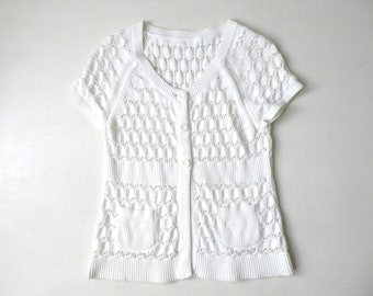 short sleeve cardigan, white sweater with pockets, button up pointelle knit top, minimalist style, vintage extra small