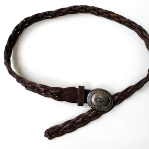 woven leather braided belt dark brown, small medium, preppy ivy league classic minimalist unisex style vintage 80s 90s