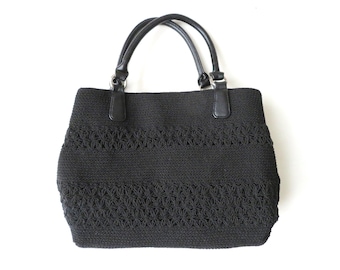 black crochet bag, vegan fabric purse, top handle handbag, vintage 90s