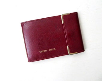 credit card wallet, oxblood leather, unisex style for men or women, vintage 60s 70s, card case, Mad Men era