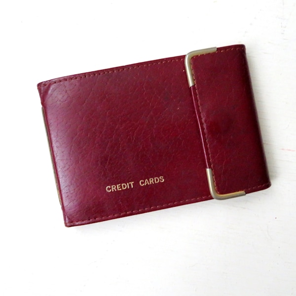 credit card wallet, oxblood leather, unisex style for men or women, vintage 60s 70s, card case, Mad Men era