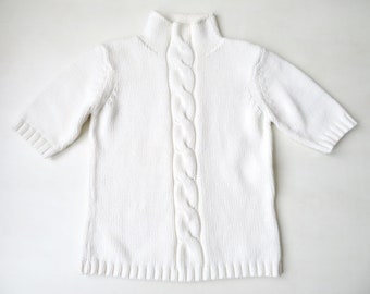 short sleeve sweater mockneck, vintage 90s cotton cream white mock turtle neck pullover, minimalist clothing, womens small size
