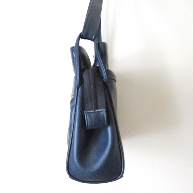 vintage navy blue shoulder bag with long strap, minimalist style, 1970s vegan purse image 6