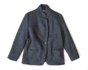 grey wool jacket with pockets, unstructured herringbone tweed, minimalist style coat, vintage 90s, women small