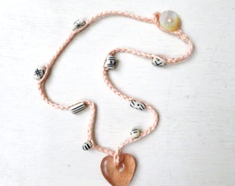 pink heart necklace with sea glass pendant - non-metal jewelry