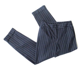 pants with pockets & cuffs, navy blue pinstripe trousers, vintage 90s, small, classic clothing, Liz Claiborne Petite,