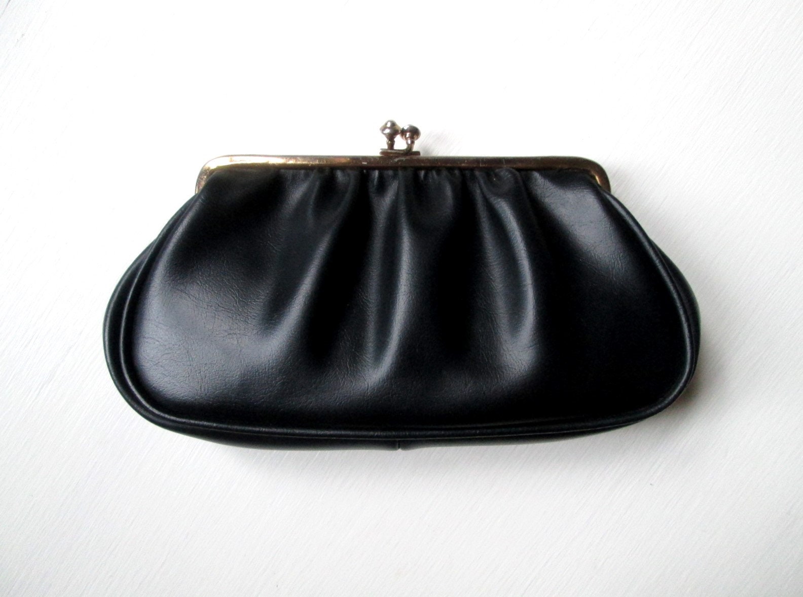 60/'s Evening Bag Vintage Black Clutch Envelope Purse with Attached Coin Purse