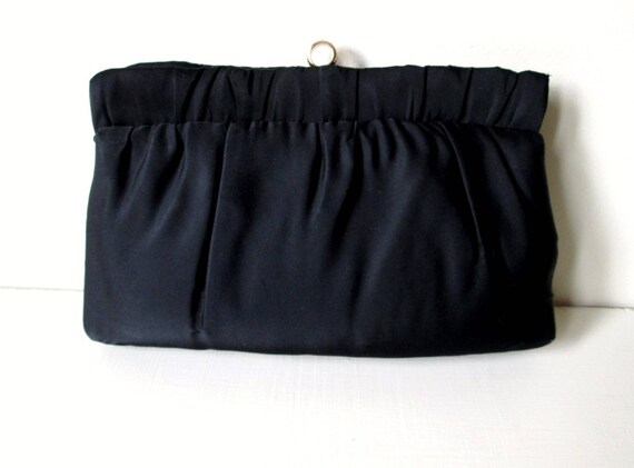 Vintage Black Satin Clutch Bag: Ruched 50s 60s Ev… - image 2