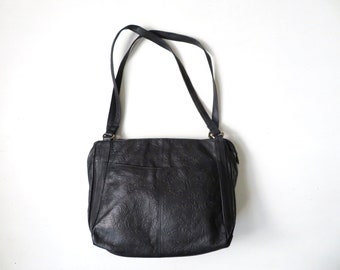 Vintage 90s Black Leather Embossed Floral Shoulder Bag Purse