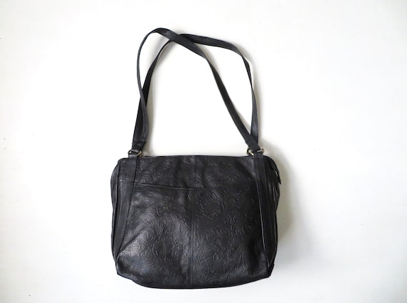 black shoulder bag, tooled leather, vintage 90s p… - image 1