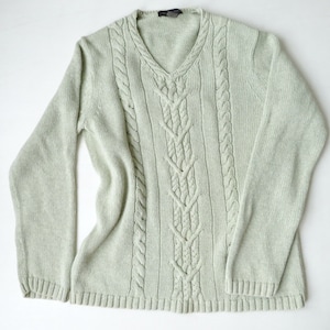 pale green sweater, cable knit pattern, Vneck pullover, vintage 90s clothing, women small