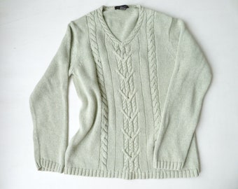 pale green sweater, cable knit pattern, Vneck pullover, vintage 90s clothing, women small