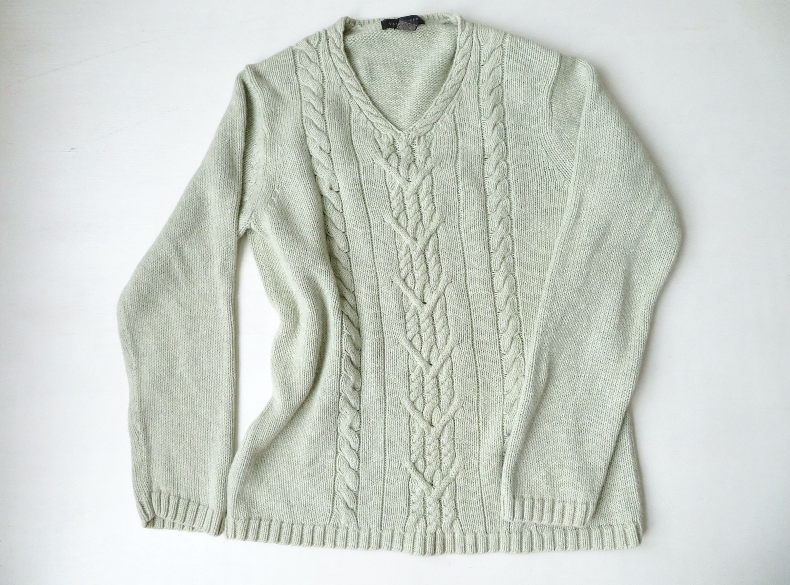 Pale Green Sweater Cable Knit Pattern Vneck Pullover Vintage