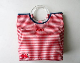 bongo bag, red and white gingham check, small tote bag, fabric bag, knitting tote bag, beach bag, vegan purse, vintage  90s handbag