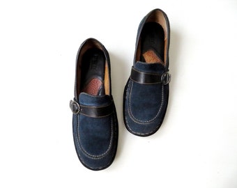 chunky loafers, navy blue suede shoes with buckle, vintage 90s, Born, women 8.5 medium wide