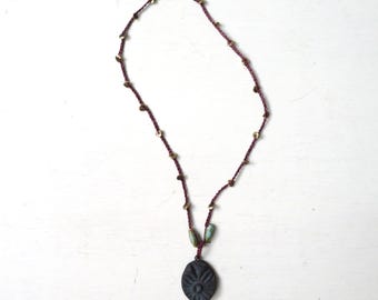 beaded necklace with black stoneware pendant - artisan crafted ceramic jewelry