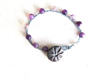 Amethyst Bracelet with Vintage Button - 7 inches long - Lavender