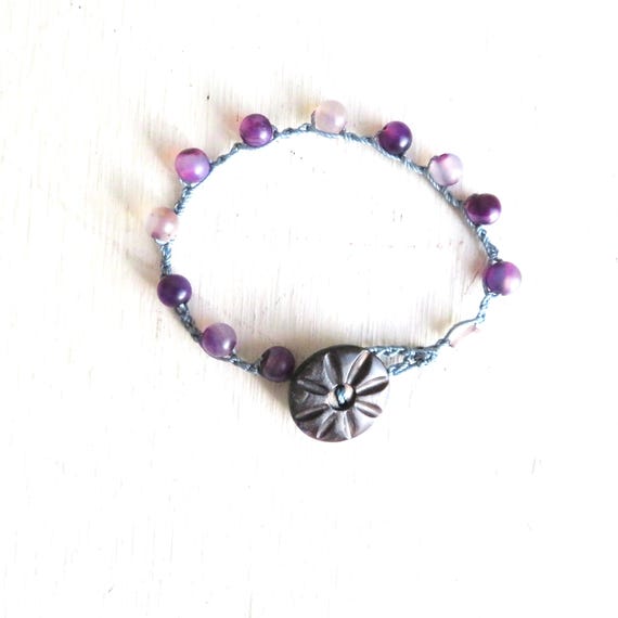 Amethyst Bracelet with Vintage Button - 7 inches long - Lavender