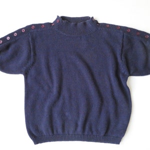 short sleeve sweater, mockneck pullover w/ buttons, vintage 90s, navy blue cotton, minimalist clothing, small medium size