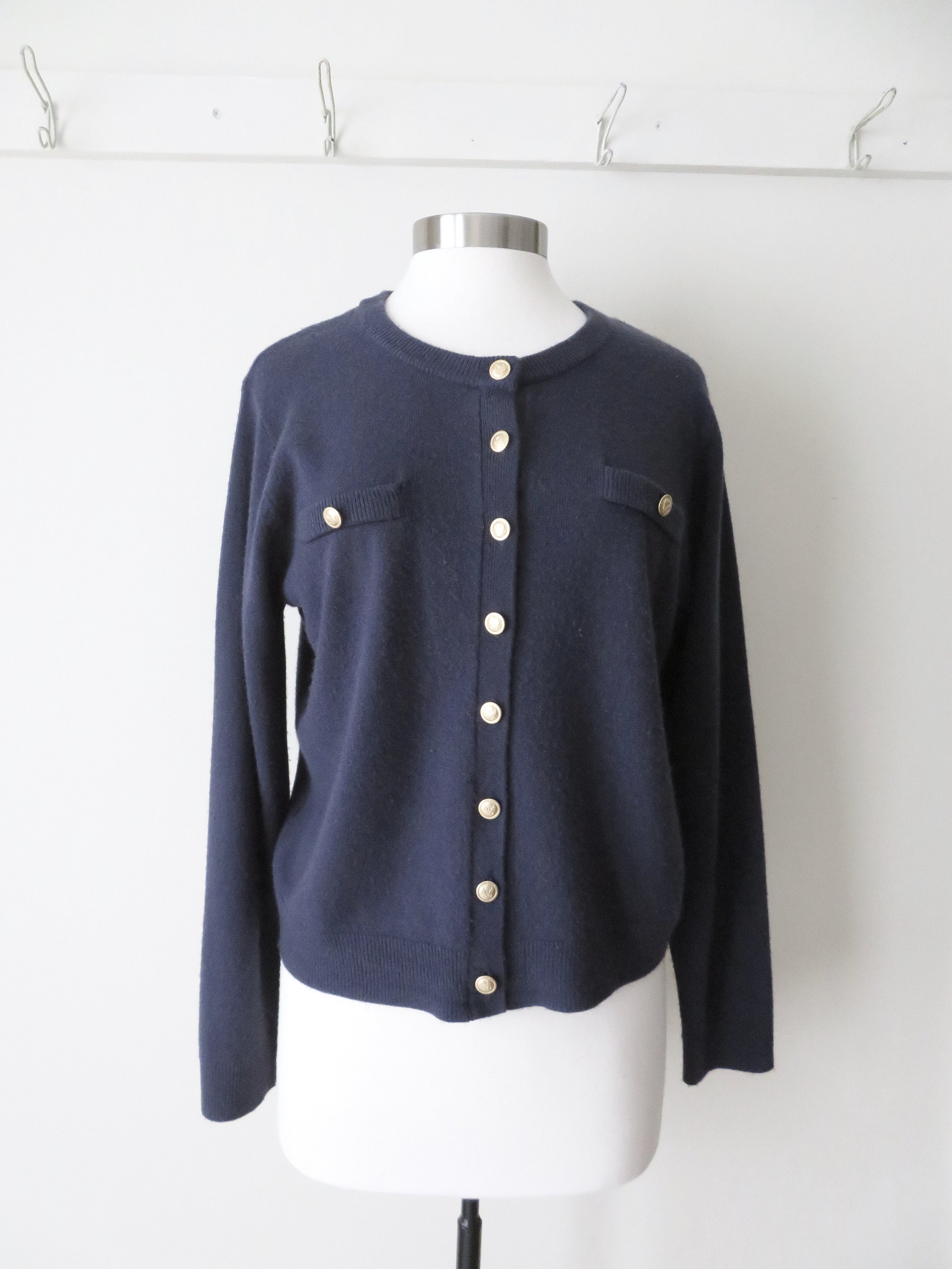 Vintage 90s Navy Blue Cardigan: Gold Button Acrylic Sweater 