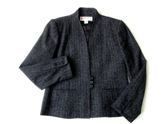 charcoal grey jacket, pinstripe blazer, short twee