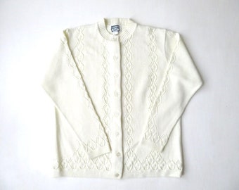 cream cardigan, lacy knit, off white sweater, pretty feminine openwork knit, vintage 70s 80s, women small medium