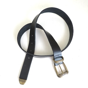 black leather belt with brass buckle, DISTRESSED, vintage 90s, women men unisex, 29 to 31 inch