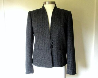 pinstripe jacket, charcoal grey blazer, vintage 70s short tweed jacket, gray wool banker stripe, women extra small