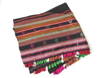 Vintage Handwoven Serape Throw Blanket - black & multi Southwestern Boho Decor