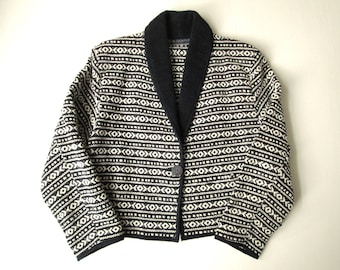 black and white cropped tapestry jacket, boho bolero, blanket coat, women small, vintage 80s 90s, New Identity