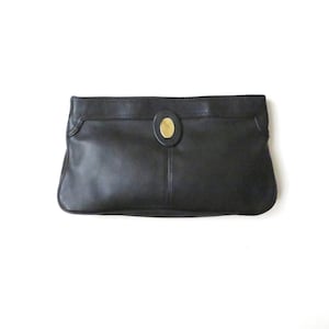 black leather clutch bag, vintage 60&#39;s 70s handbag, minalist style