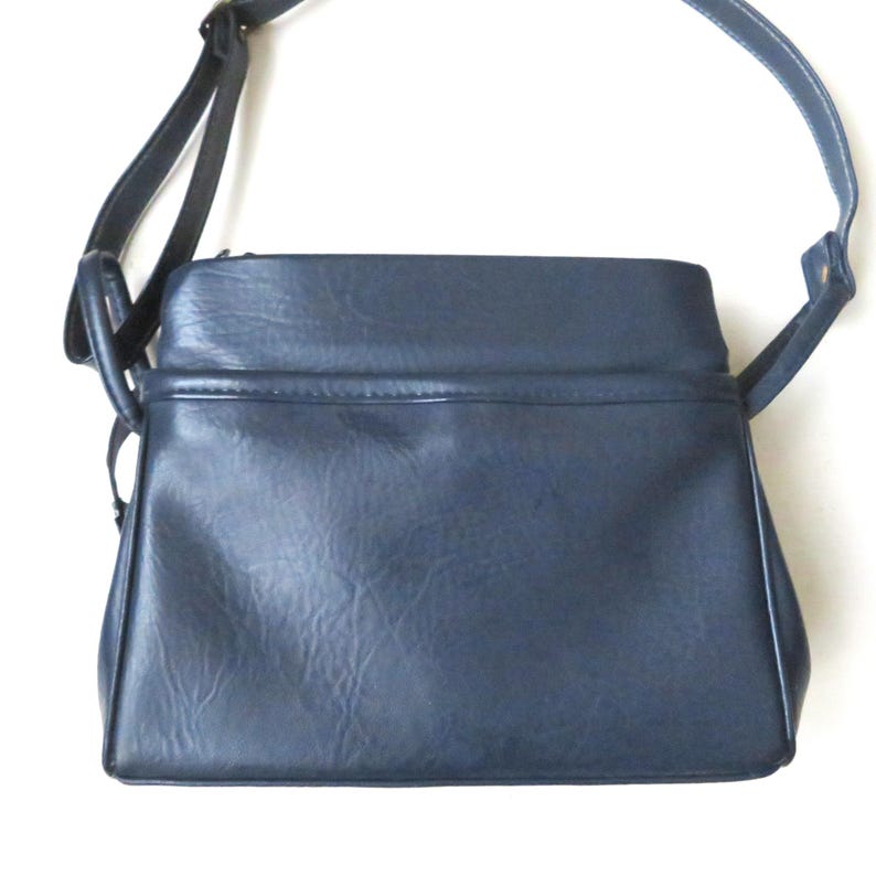 vintage navy blue shoulder bag with long strap, minimalist style, 1970s vegan purse image 9