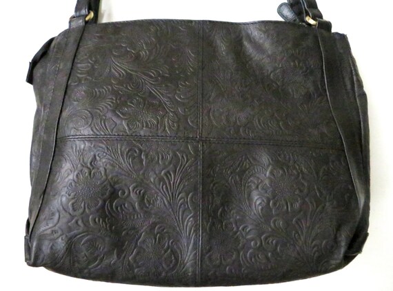 black shoulder bag, tooled leather, vintage 90s p… - image 5