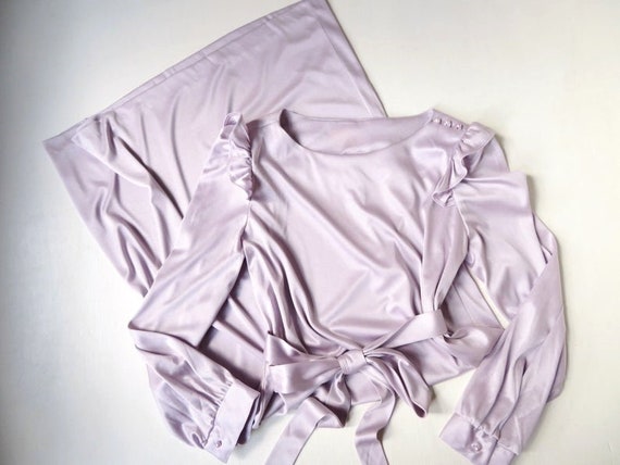 lavender dress, vintage 70s silky dress puffy sle… - image 1