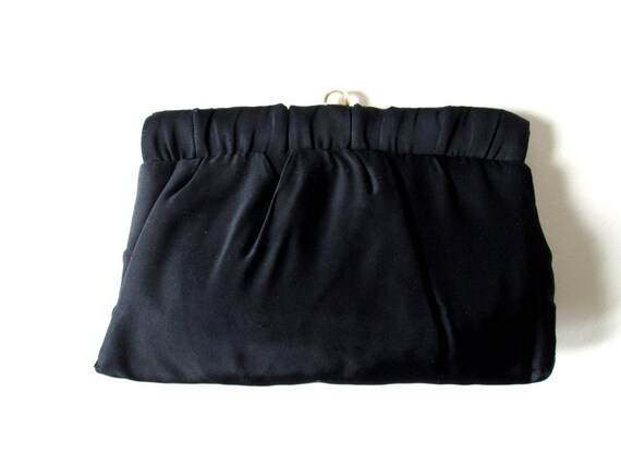 Vintage Black Satin Clutch Bag: Ruched 50s 60s Ev… - image 5