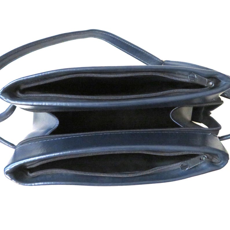 vintage navy blue shoulder bag with long strap, minimalist style, 1970s vegan purse image 5