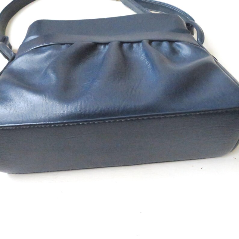 vintage navy blue shoulder bag with long strap, minimalist style, 1970s vegan purse image 7