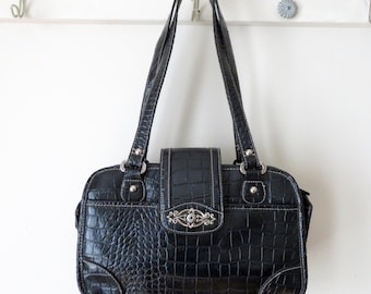 90's black moc croc shoulder bag, vintage faux leather vegan purse