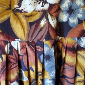 tropical print floral skirt, vintage clothing 90s navy blue brown gold, women small medium image 7