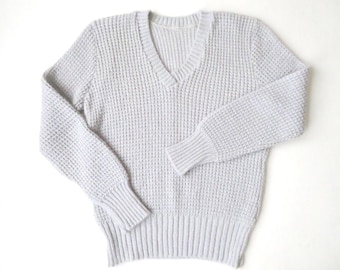70s grey v-neck sweater with silver flecks, vintage 1970s, small
