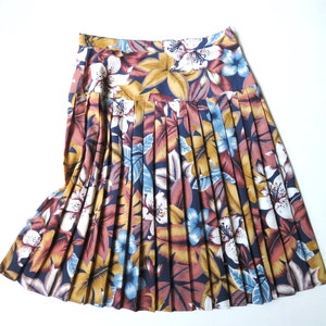 tropical print floral skirt, vintage clothing 90s navy blue brown gold, women small medium image 1