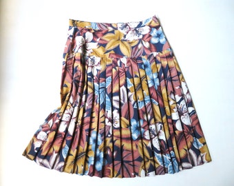 tropical print floral skirt, vintage clothing 90s navy blue brown gold, women small medium