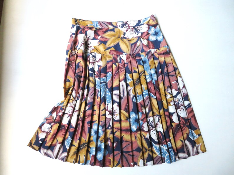 tropical print floral skirt, vintage clothing 90s navy blue brown gold, women small medium image 1