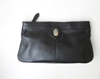 black clutch bag, vintage 60's 70s purse,  leather handbag