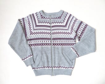 Cárdigan vintage de los años 70 con cremallera: suéter con estampado nórdico y bolsillos
