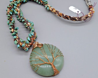 Blue green beaded Kumihimo necklace with Tree of Life pendant | statement necklace| gift for her| gift for Mom | birthday/anniversary gift