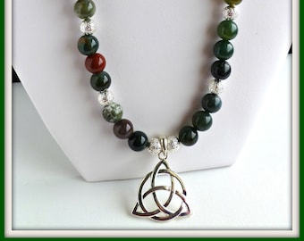 Moss green agate beaded necklace with silver accents and chain & celtic design pendant, statement necklace, birthday anniversary gift