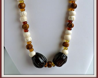 Cream & brown beaded necklace with hand blown fluted focal beads, statement necklace, gift for Mom, birthday/anniversary gift, gift for her