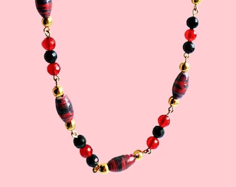 Red/black stripe hand rolled paper bead necklace, statement necklace, gift for her, birthday-anniversary gift, eco friendly jewelry